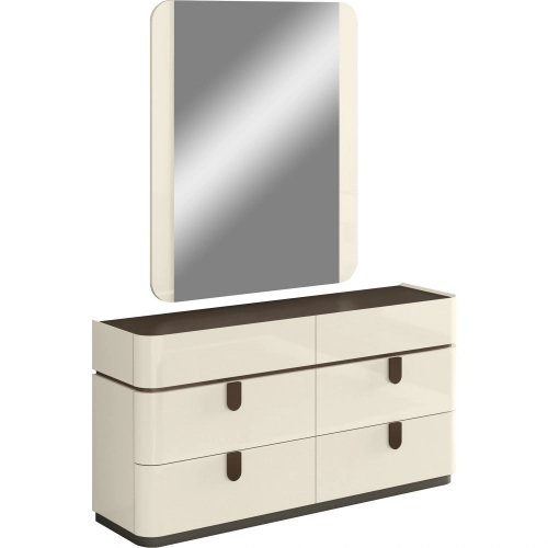 Paramount Dresser & Mirror Set in High Gloss Beige Lacquer & Brown Metal